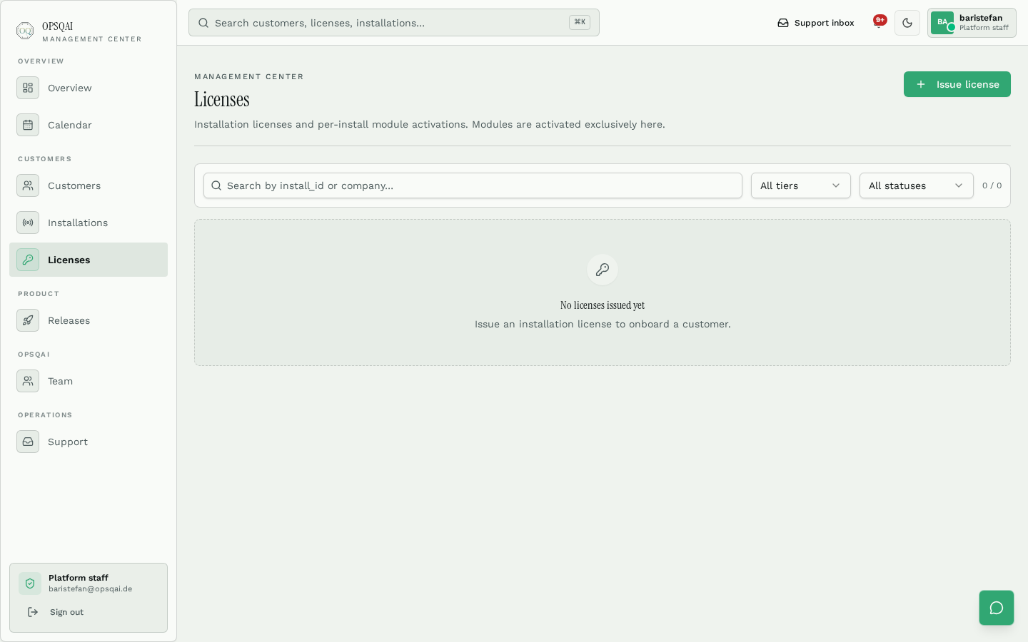 OPSQAI Management Center license issuance for a customer