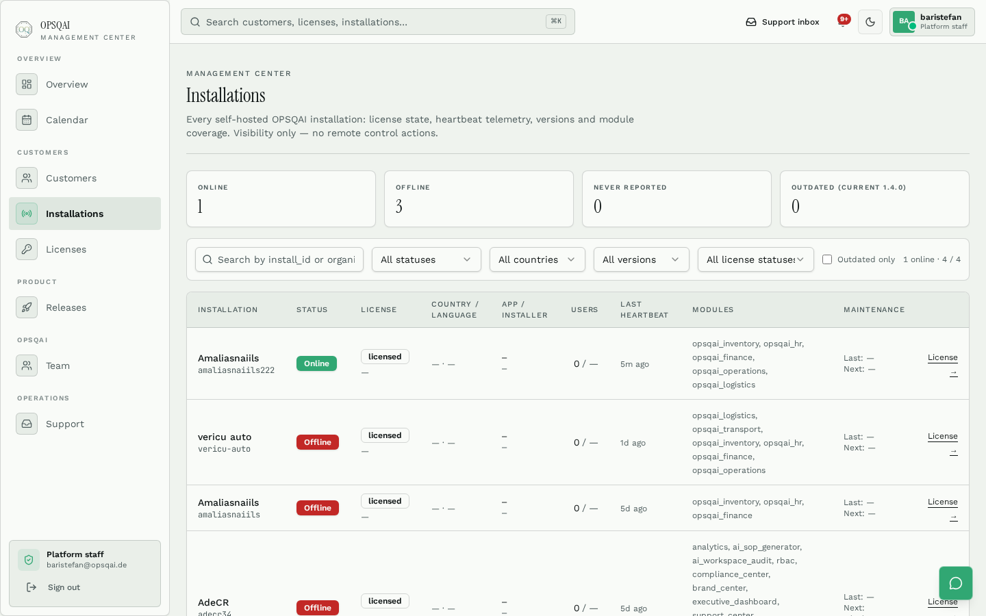 OPSQAI Management Center installation fleet with heartbeat status