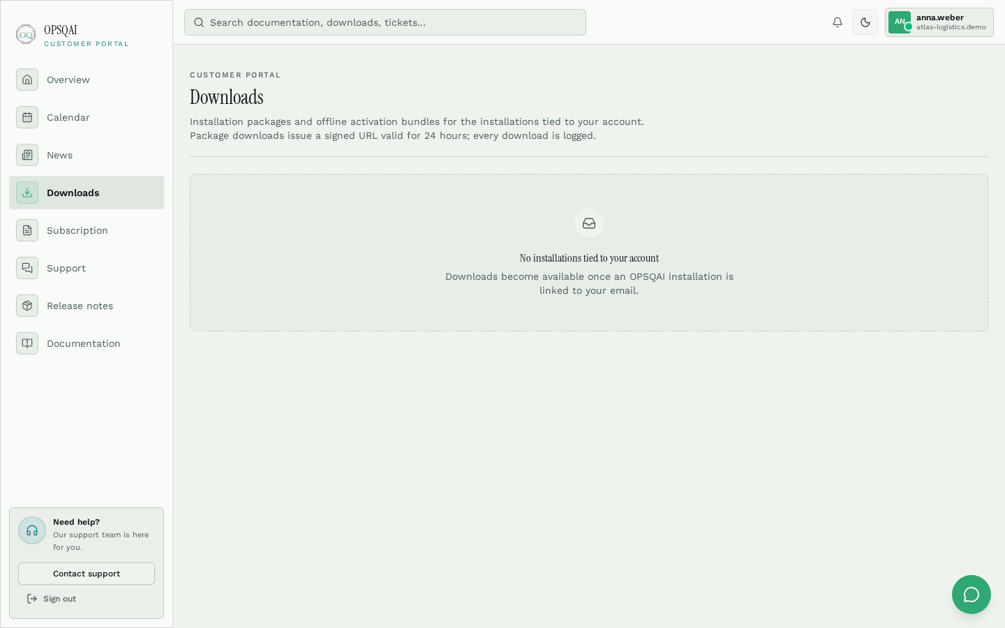 OPSQAI Customer Portal downloads with Windows installer, activation bundle and module license